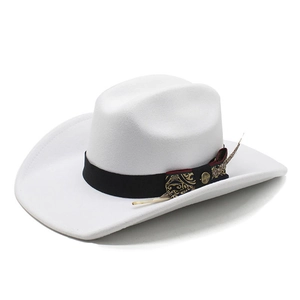 Classic white felt cowboy hat with decorative black ribbon and natural feather accent