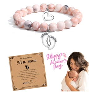 Handmade Natural Stone Bead Bracelet For New Mom Heart Baby Footprint Charm Jewelry Mother Day Gift With Card