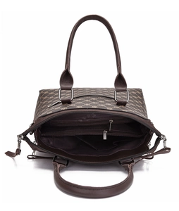 Top view of deep brown tote bag showing internal compartments and logo printed lining