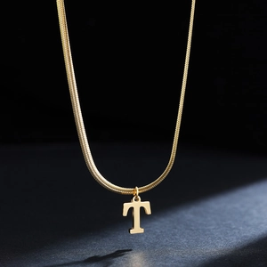 Minimalist 18K gold plated stainless steel T letter necklace with fine snake chain
