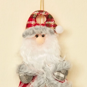 Plush Santa Claus Christmas bell ornament with faux fur and woven details on a gold rope
