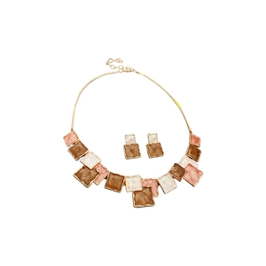 Retro square enamel necklace and earrings set with gold finish and colorful mosaic patterns