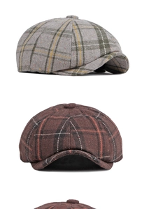 Detail view of vintage grey and brown plaid wool newsboy caps from various angles