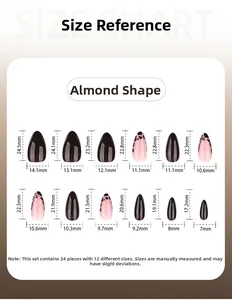 Detailed size chart for almond press-on nails featuring leopard and black designs