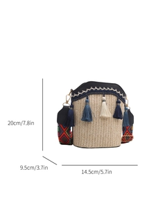 Detailed dimensions of beige woven bucket bag with colorful strap and tassels
