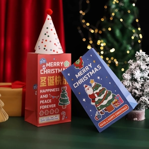 Christmas gift bag set with red and blue patterns, including a festive party hat