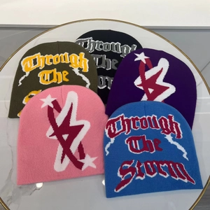 Knitted Beanie Hat Acrylic Jacquard Letter Pattern Warm Winter Hip Hop Streetwear Style For Men Women