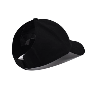 Close-up of black cotton ponytail baseball cap with functional back opening design