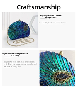 Detail of beaded peacock evening bag with blue sequins and premium gold hardware