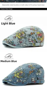 Detail of floral denim beret caps with adjustable metal buckles in light and medium blue