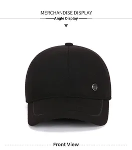 Front view of wool winter baseball cap with ear protection and metal logo