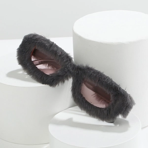 Creative plush trimmed square sunglasses with dark grey faux fur and light lenses