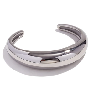 Polished silver minimalist open bangle bracelet in thick stainless steel for women