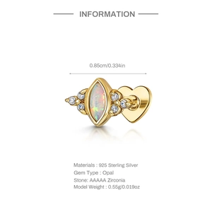 Detailed size and specs chart for 925 sterling silver opal and zirconia heart stud earring