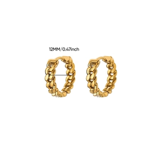 Detail shot of 12mm gold Cuban link hoop earrings with diameter measurement text
