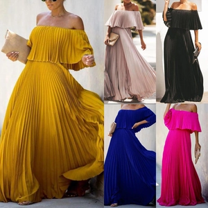 Off-shoulder pleated chiffon maxi dress in yellow, apricot, black, blue, and rose colors