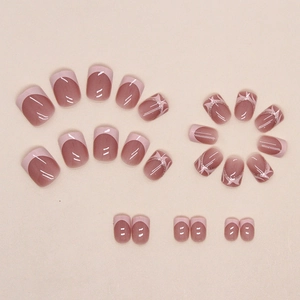 Short milk tea pink French wavy press-on nails with silver glitter gradient and 24 pieces