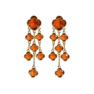 Gold plated four-leaf clover long tassel earrings with orange crystal drops