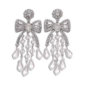 Sparkling crystal bow tassel drop earrings with chandelier style silver finish