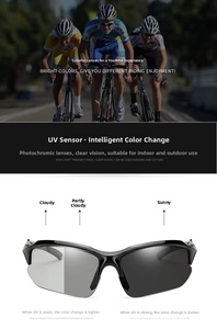 Detailed view of photochromic cycling sunglasses showing UV light lens color transition