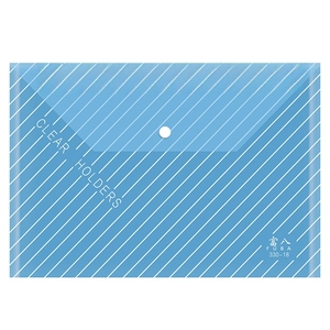 Thick A4 transparent blue document bag with snap button and white diagonal stripe pattern