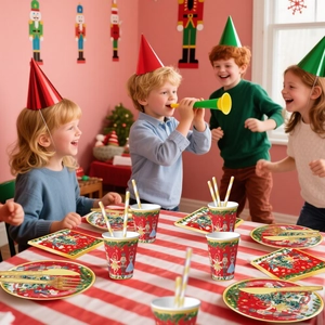 Detail of Christmas nutcracker party tableware set including red paper plates and cups