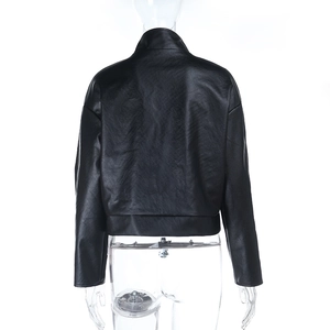 Detailed back view of a black leather jacket showing high-quality grain and texture