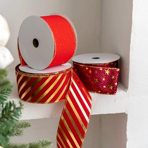 Christmas ribbon set in red and gold with stars and stripes patterns for DIY holiday decor