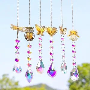 Hanging golden metal garden suncatchers with colorful K9 crystal beads in six styles