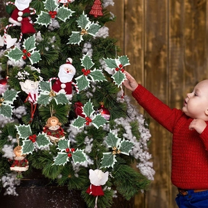 Addobbi per albero di Natale con foglie di agrifoglio verdi e bacche rosse in casa