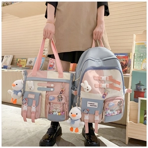 Pink and blue patchwork school backpack and tote bag set with cute plush duck pendants
