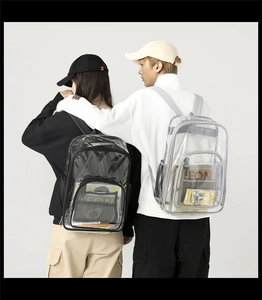 Detail of transparent PVC backpack showing the front pocket and side mesh pocket design
