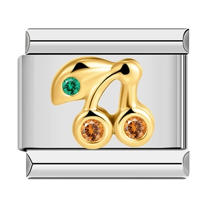 Stainless steel Italian link bracelet module featuring a golden cherry with orange stones