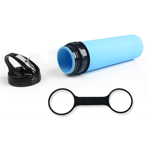 Collapsible 600ml sky blue silicone sports water bottle with black cap and dual carry strap