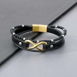 Multilayer braided leather bracelet with infinity symbol and magnetic steel clasp