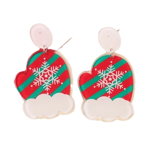 Christmas themed glove earrings with red green stripes and snowflake pattern