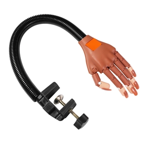 Adjustable nail practice hand with flexible arm and secure table clamp for manicures