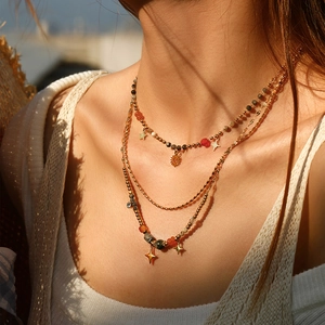 Bohemian Layered Necklace Stainless Steel Natural Stone Star Sun Pendant Gold Plated Bead Choker For Women Fashion Jewelry