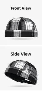 Close-up of black and white checkered miki hat showing front and side woven texture details