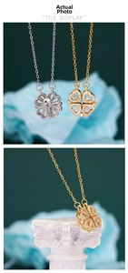 Macro view of magnetic folding clover necklace with zircon inlay in gold and silver finish