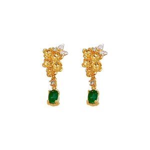 Boucles d'oreilles vintage à fleurs plaqué or avec gemme verte et pompon floral