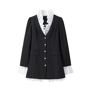 Elegant black blazer dress with white ruffle trim and gold buttons on a white background