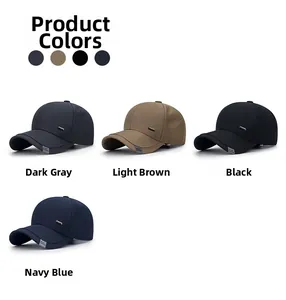 Detail view of four casual baseball caps in dark grey, brown, black and navy blue