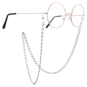 Rose gold round metal glasses with silver link chain on white background