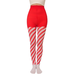Detail of red and white striped pantyhose for Christmas parties with high waist design