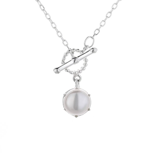S999 sterling silver pearl pendant necklace with elegant OT buckle and round white pearl