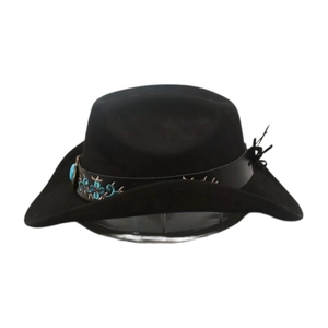 Detailed close-up of a black cowboy hat with floral embroidery and turquoise studs