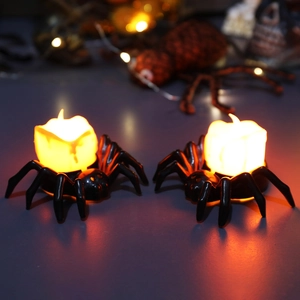 Halloween decorative LED electronic candle lamp with black spider base and warm yellow flame