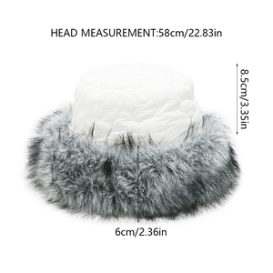 Detailed dimensions of quilted white bucket hat with grey faux fox fur trim for women