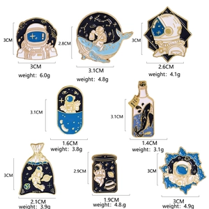 Set of 8 creative astronaut and ocean enamel pins with navy blue and gold details